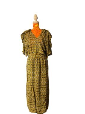 Yellow Geometric V-Neck Maxi Dress with Elastic Waist